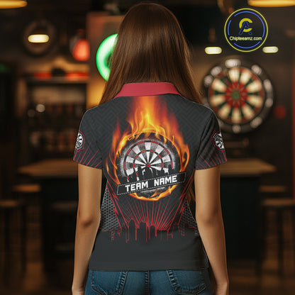 Custom Black And Red Fire Flame Dartboard Dart Shirts For Women, Dart Tournament Jerseys NYN0071