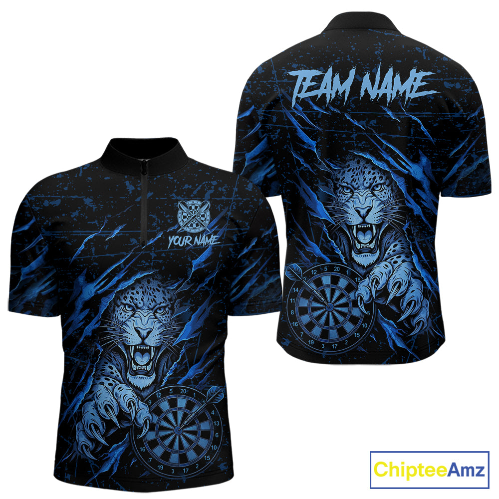 Blue Grunge Funny Tiger Men Dart Polo & 1/4-Zip Shirt Custom Name Tiger Dart Jersey For Darters NYN2973