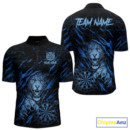 Blue Grunge Funny Tiger Men Dart Polo & 1/4-Zip Shirt Custom Name Tiger Dart Jersey For Darters NYN2973