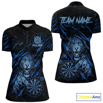Blue Grunge Funny Tiger Women Dart Polo & 1/4-Zip Shirt Custom Name Tiger Dart Jersey For Darters NYN2973