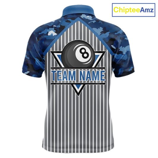 Blue Camouflage 8 Ball Pool Polo & 1/4-Zip Shirt Custom Billiard Shirts For Men Billiard Team Attire NYN2979