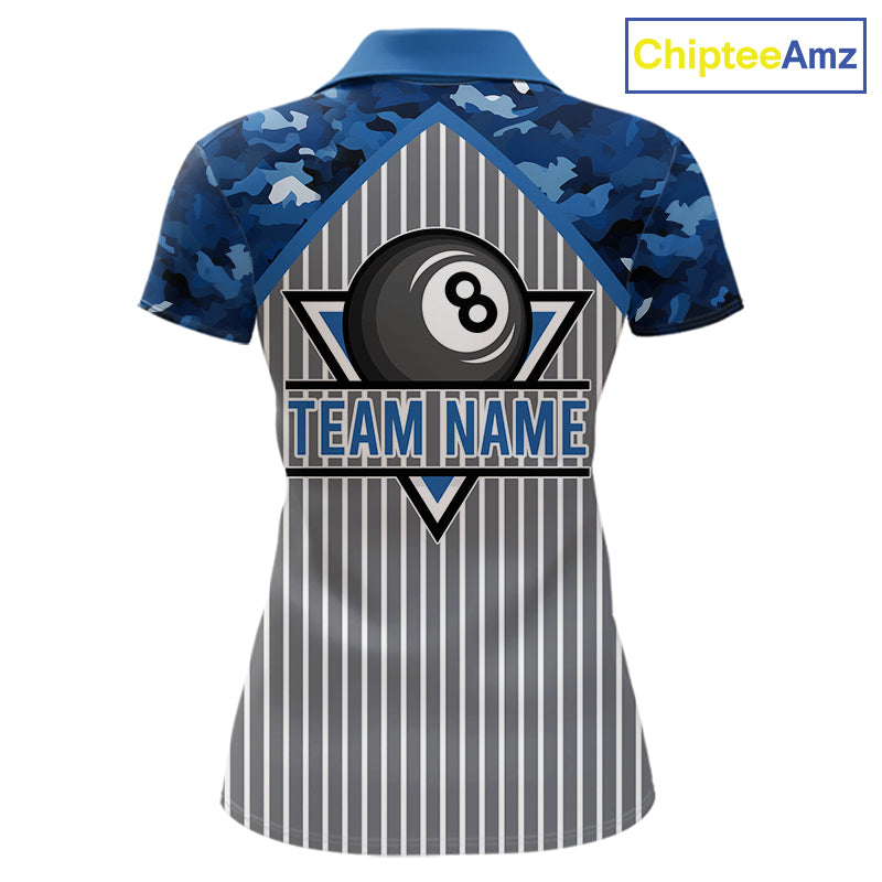 Blue Camouflage 8 Ball Pool Polo & 1/4-Zip Shirt Custom Billiard Shirts For Women Billiard Team Attire NYN2979