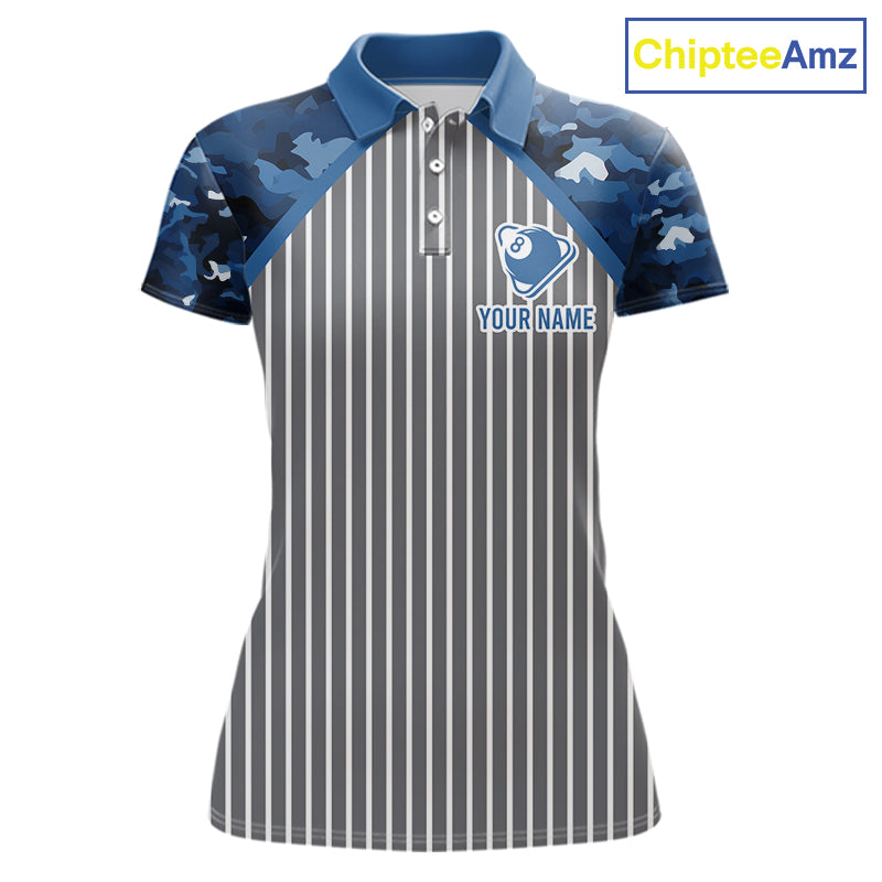 Blue Camouflage 8 Ball Pool Polo & 1/4-Zip Shirt Custom Billiard Shirts For Women Billiard Team Attire NYN2979