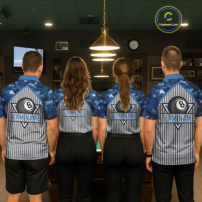 Blue Camouflage 8 Ball Pool Polo & 1/4-Zip Shirt Custom Billiard Shirts For Women Billiard Team Attire NYN2979