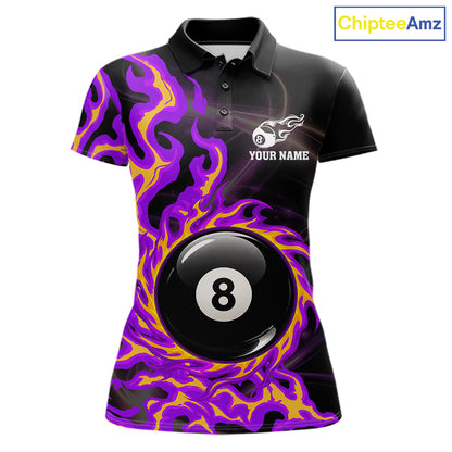 Purple & Yellow Flame 8 Ball Billiard Polo 1/4-Zip Shirt For Women Custom Flame Pool Team Jersey NYN3938