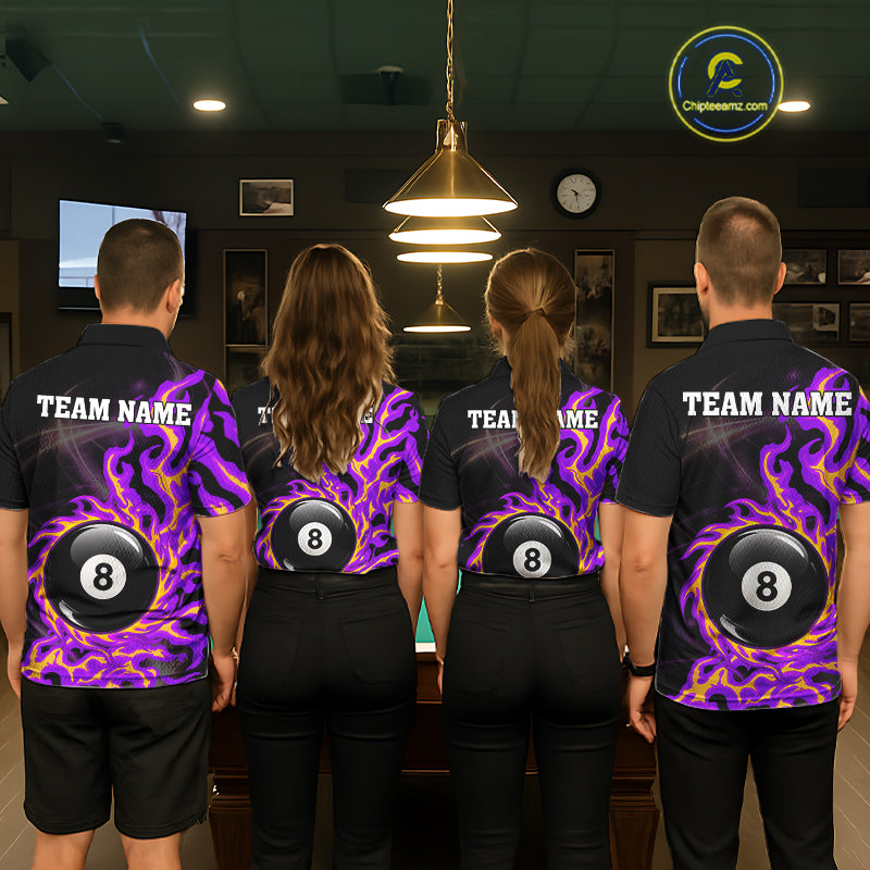 Purple & Yellow Flame 8 Ball Billiard Polo 1/4-Zip Shirt For Men Custom Flame Pool Team Jersey NYN3938
