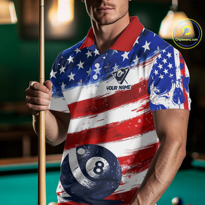 US Flag 8 Ball Pool Men Billiard Team Polo & 1/4-Zip Shirt Custom Billiard Attire Jersey NYN2373