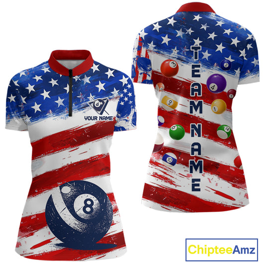 US Flag 8 Ball Pool Women Billiard Team Polo & 1/4-Zip Shirt Custom Billiard Attire Jersey NYN2373