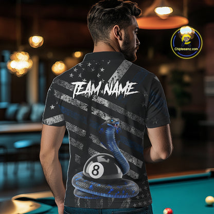 Blue Grunge Cobra 8 Ball Pool Men Billiard Polo & 1/4-Zip Shirt Custom Billiard Attire Jersey NYN2374