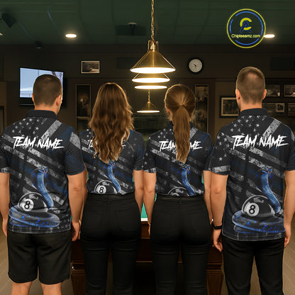 Blue Grunge Cobra 8 Ball Pool Men Billiard Polo & 1/4-Zip Shirt Custom Billiard Attire Jersey NYN2374