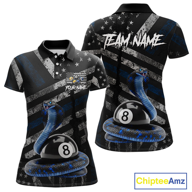 Blue Grunge Cobra 8 Ball Pool Women Billiard Polo & 1/4-Zip Shirt Custom Billiard Attire Jersey NYN2374