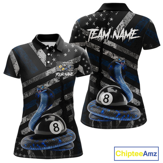 Blue Grunge Cobra 8 Ball Pool Women Billiard Polo & 1/4-Zip Shirt Custom Billiard Attire Jersey NYN2374