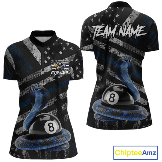 Blue Grunge Cobra 8 Ball Pool Women Billiard Polo & 1/4-Zip Shirt Custom Billiard Attire Jersey NYN2374