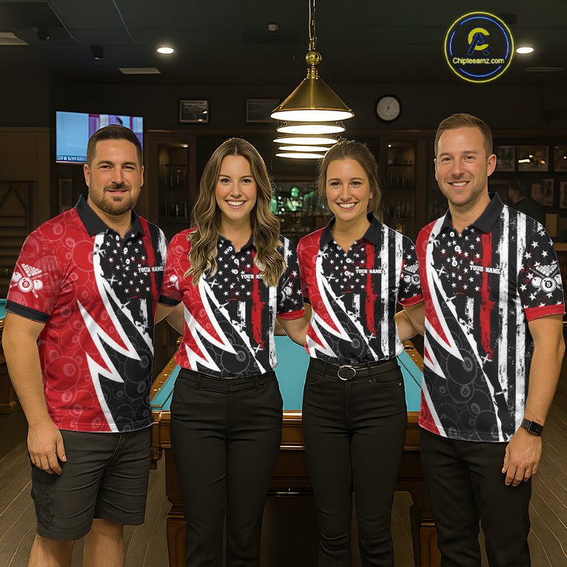 Black & Red US Flag 8 Ball Men Billiard Team Shirt Custom Polo & 1/4-Zip Pool Billiard Attire NYN2377