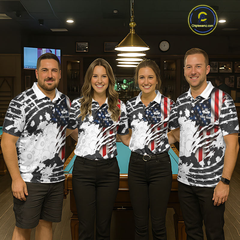 US Flag 8 Ball Men Billiard Team Shirt Custom Patriotic Pool Polo & 1/4-Zip Billiard Attire NYN2378