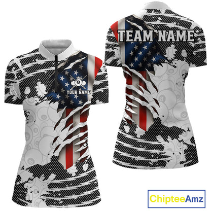 US Flag 8 Ball Women Billiard Team Shirt Custom Patriotic Pool Polo & 1/4-Zip Billiard Attire NYN2378