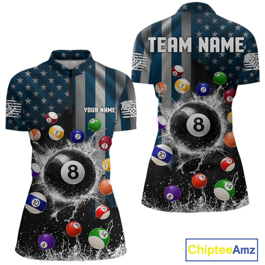 Watering 8 Ball Women Billiard Polo & 1/4-Zip Shirt Custom US Flag Pool Billiard Team Apparel NYN2384