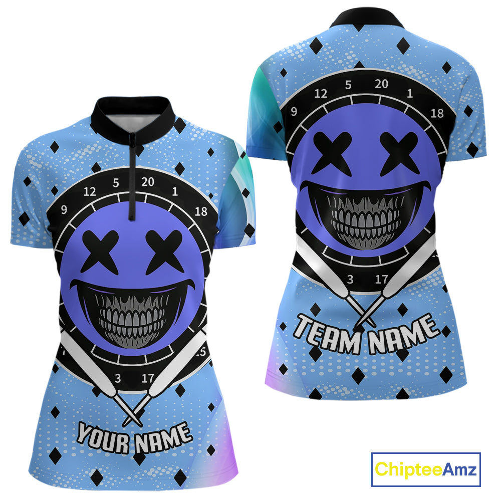 Smile Face Dartboard Custom Funny Blue Dart Shirts For Women, Dart Team Jerseys NYN0084