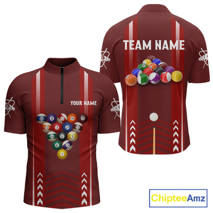 Personalized Red Ball Billiard  Polo & 1/4 Zip Shirt For Men Custom Pool Team Shirt Billiard Jersey NYN2981