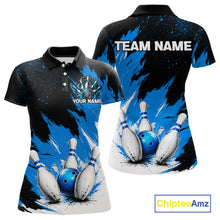 Load image into Gallery viewer, Black, White &amp; Blue Splatter Women Bowling Shirt Custom Grunge Polo Quarter-Zip Bowling Team Jersey NYN3682