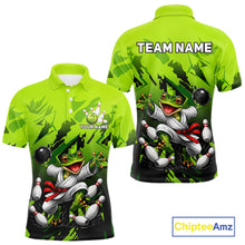 Load image into Gallery viewer, Funny Frog Bowling Ball And Pins Shirt For Men Custom Green Polo Quarter-Zip Bowling Team Attire NYN3685