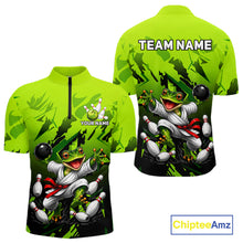 Load image into Gallery viewer, Funny Frog Bowling Ball And Pins Shirt For Men Custom Green Polo Quarter-Zip Bowling Team Attire NYN3685