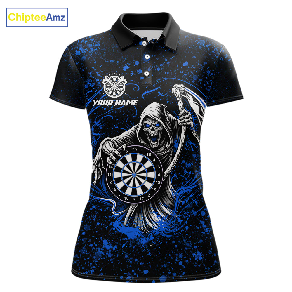 Black & Blue Splatter Grim Reaper Hold Dartboard Dart Shirts For Women Custom Dart Team Shirts NYN3953