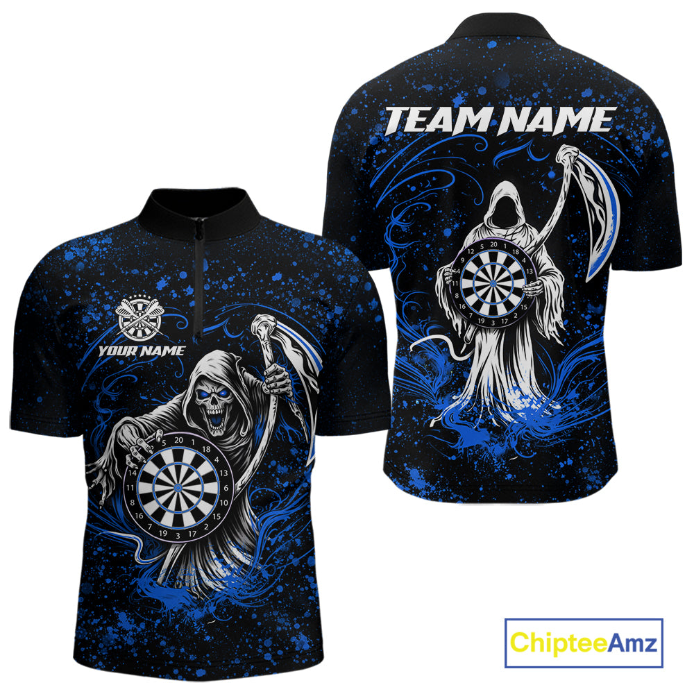 Black & Blue Splatter Grim Reaper Hold Dartboard Dart Shirts For Men Custom Dart Team Shirts NYN3953