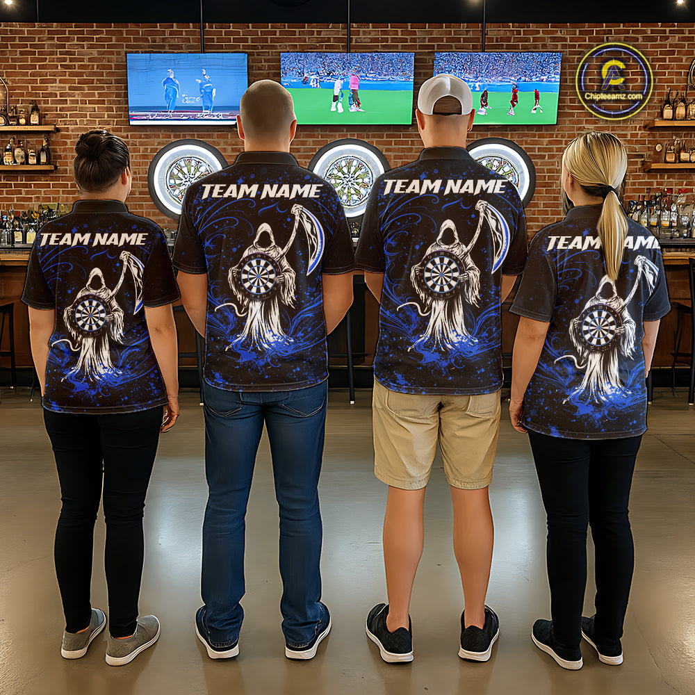 Black & Blue Splatter Grim Reaper Hold Dartboard Dart Shirts For Men Custom Dart Team Shirts NYN3953