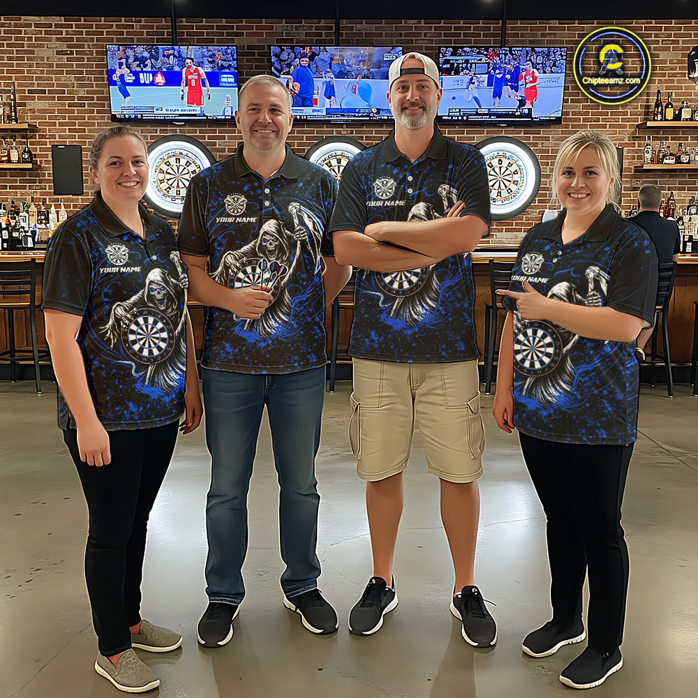 Black & Blue Splatter Grim Reaper Hold Dartboard Dart Shirts For Men Custom Dart Team Shirts NYN3953