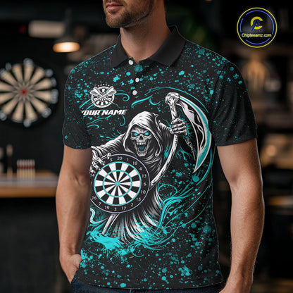Black & Teal Splatter Grim Reaper Hold Dartboard Dart Shirts For Men Custom Dart Team Shirts NYN3954