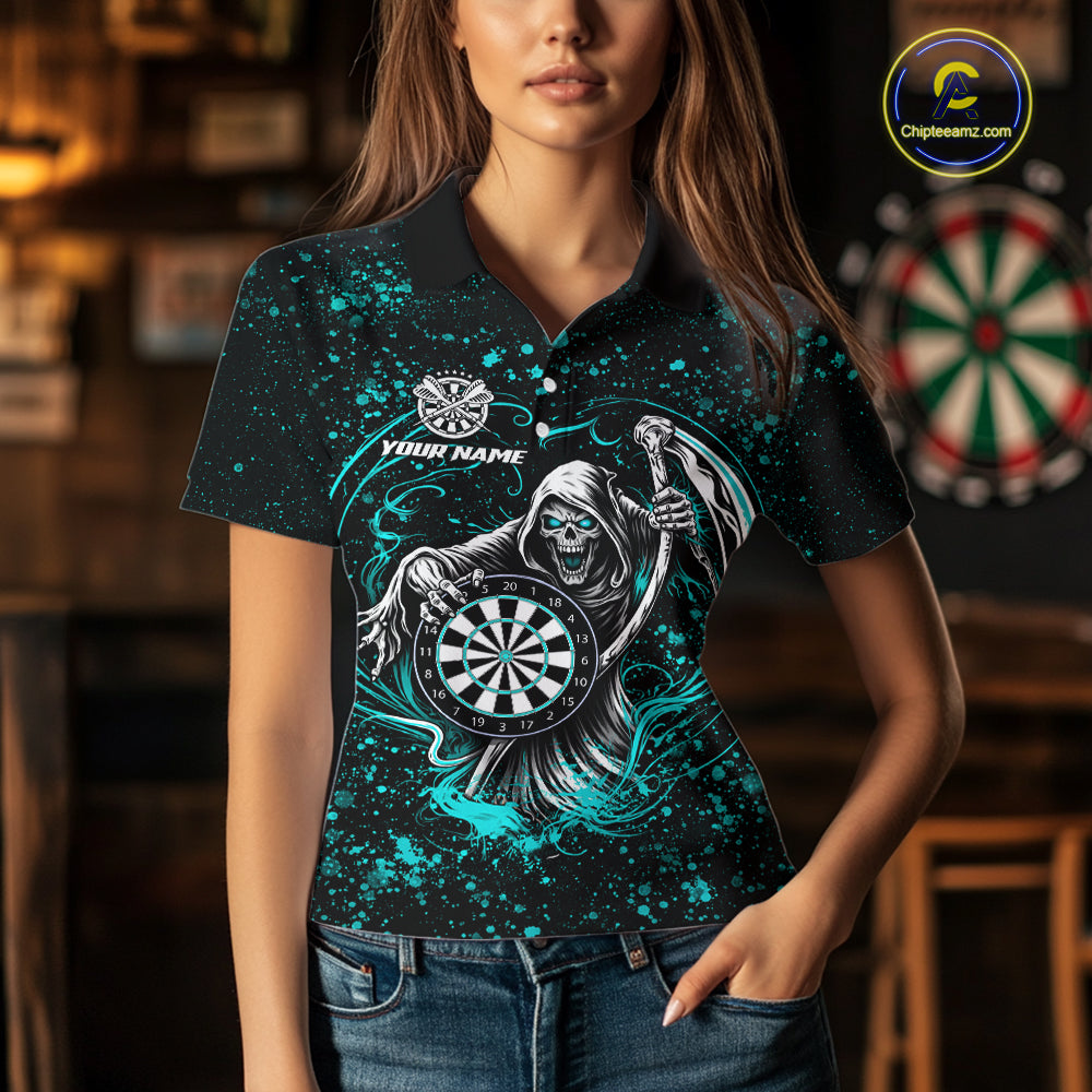 Black & Teal Splatter Grim Reaper Hold Dartboard Dart Shirts For Women Custom Dart Team Shirts NYN3954