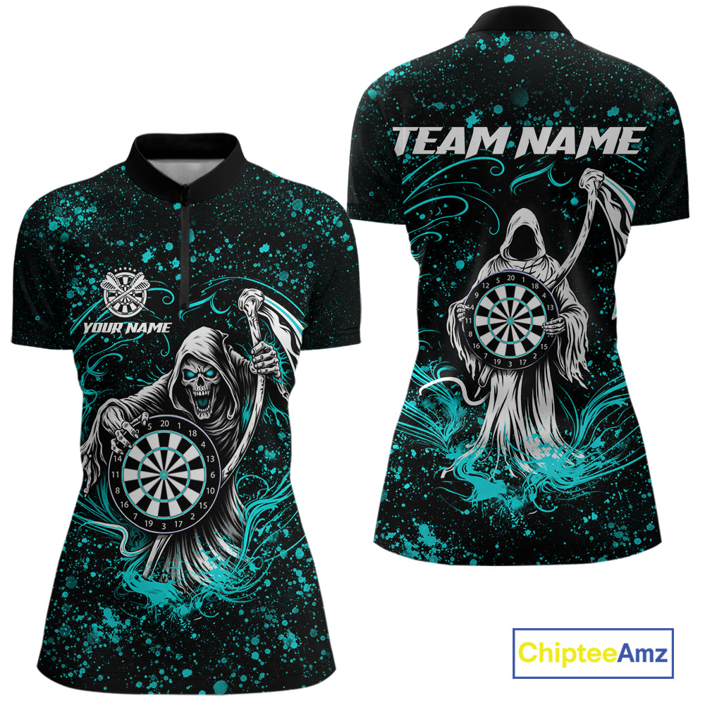 Black & Teal Splatter Grim Reaper Hold Dartboard Dart Shirts For Women Custom Dart Team Shirts NYN3954