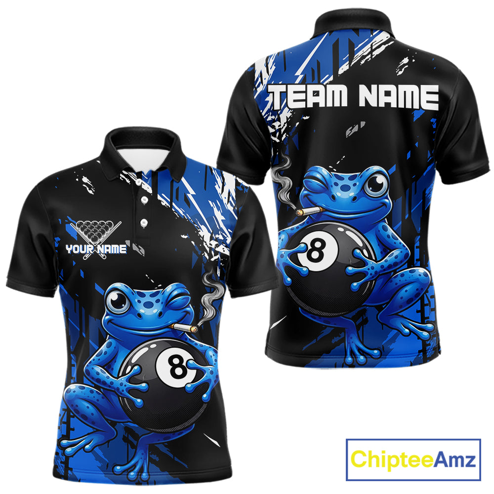 Custom Funny Frog 8 Ball Billiard Team Jersey Polo & Quarter-Zip Billiard Shirt For Men | Blue NYN3955