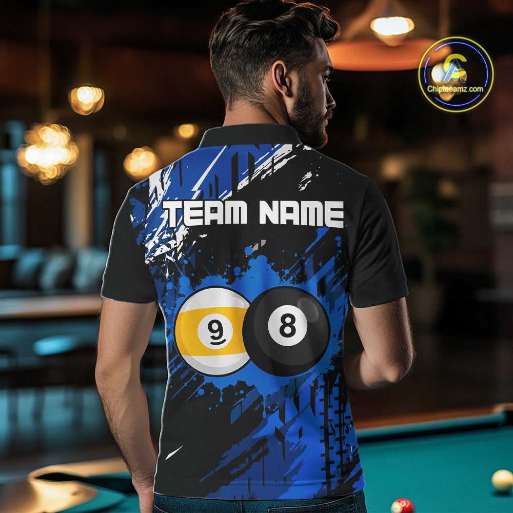Custom Blue Splatter 8 Ball And 9 Ball Billiard Team Jersey Billiard Pool Shirt For Men NYN3956
