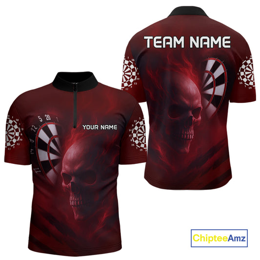 Custom Red Smokes Skull Dartboard Dart Men 1/4-Zip Shirt Outfits Dart Jerseys NYN1566