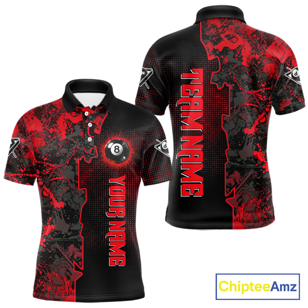 Red Grunge Splatter 8 Ball Pool Men Billiard Polo & 1/4-Zip Shirt Personalized Billiard Gifts NYN2391