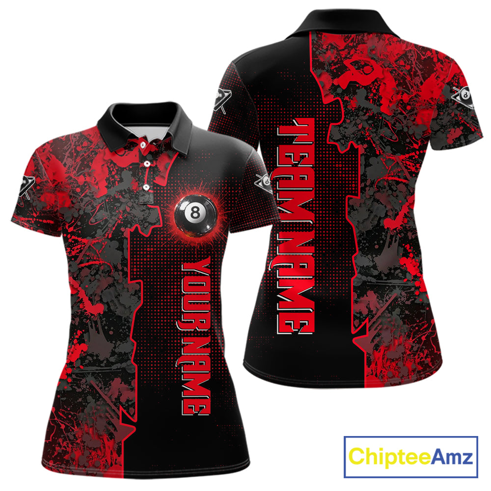 Red Grunge Splatter 8 Ball Pool Women Billiard Polo & 1/4-Zip Shirt Personalized Billiard Gifts NYN2391