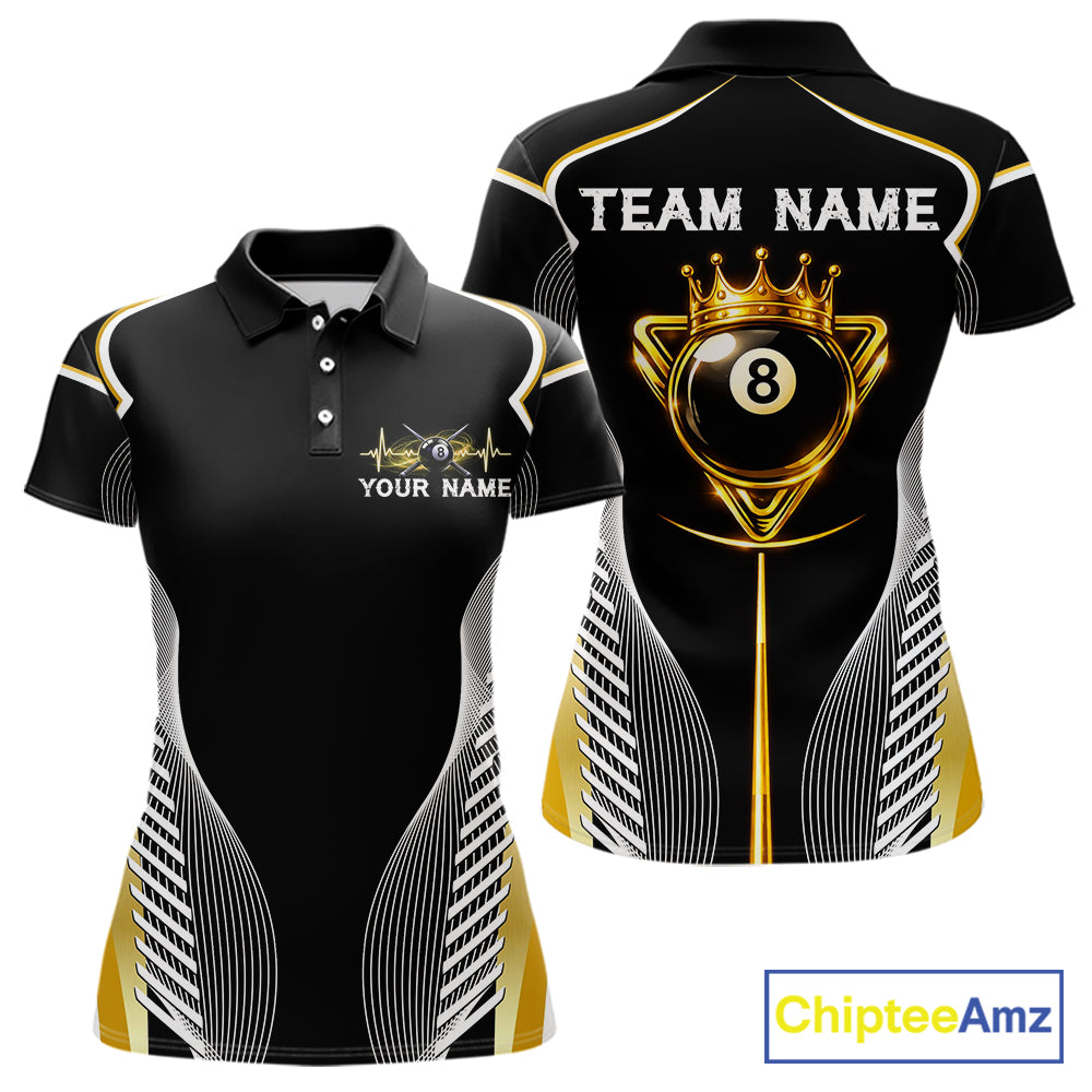 Black & Gold 8 Ball Pool Crown Women Billiard Team Shirt Custom Billiards Balls & Cue Gifts NYN2394