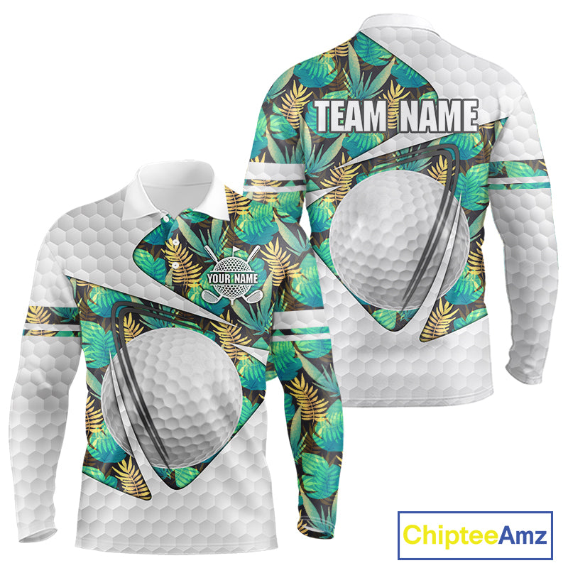 Custom Name Green Tropical Pattern Golf Mens Polo Shirt, Best White Ball Golf Clothing For Mens NYN2992