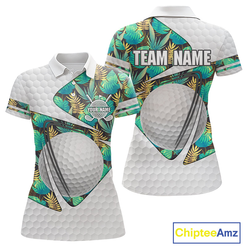 Custom Name Green Tropical Pattern Golf Women Polo Shirt, Best White Ball Golf Clothing For Women NYN2992