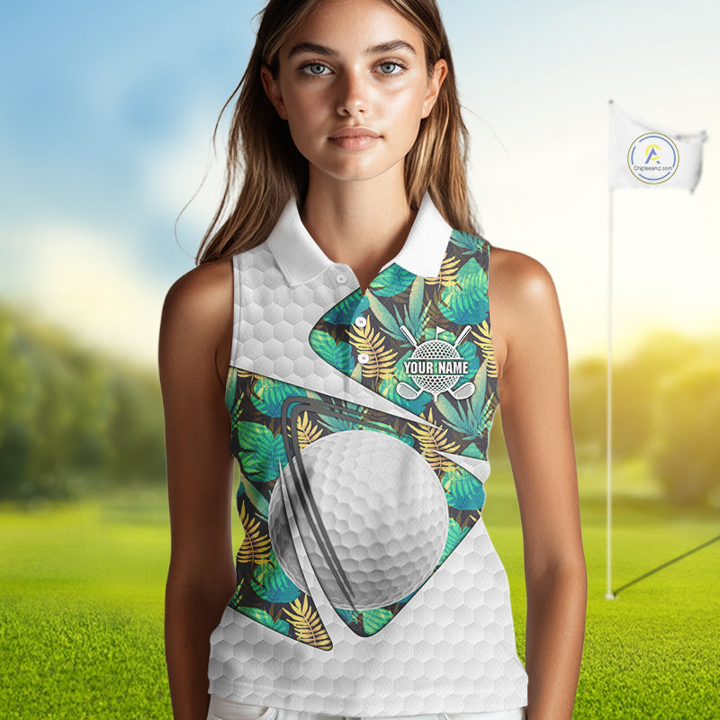 Custom Name Green Tropical Pattern Golf Women Sleeveless Polo Shirt, Best White Ball Golf Clothing For Women NYN2992