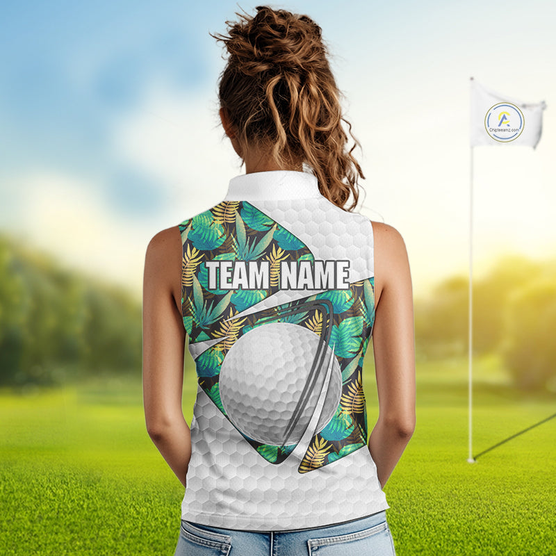 Custom Name Green Tropical Pattern Golf Women Sleeveless Polo Shirt, Best White Ball Golf Clothing For Women NYN2992