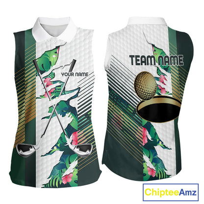 Womens Tropical Golf Shirts Monstera Pattern Golf Clothing Custom Green Golf Sleeveless Polo, Golf Upf Shirts NYN2996