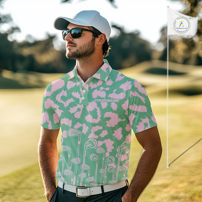 Mens Leopard Pattern Golf Polo Shirts Custom Green Pink Golf Clubs Pattern Attire, Golf Upf Shirts NYN3000