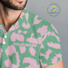 Load image into Gallery viewer, Mens Leopard Pattern Golf Polo Shirts Custom Green Pink Golf Clubs Pattern Attire, Golf Upf Shirts NYN3000