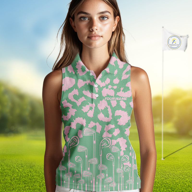 Womens Golf Leopard Pattern Golf Sleeveless Polo Shirts Custom Green Pink Golf Clubs Attire, Golf Upf Shirts NYN3000