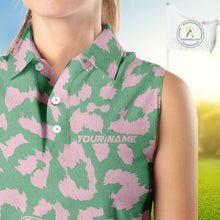 Load image into Gallery viewer, Womens Golf Leopard Pattern Golf Sleeveless Polo Shirts Custom Green Pink Golf Clubs Attire, Golf Upf Shirts NYN3000