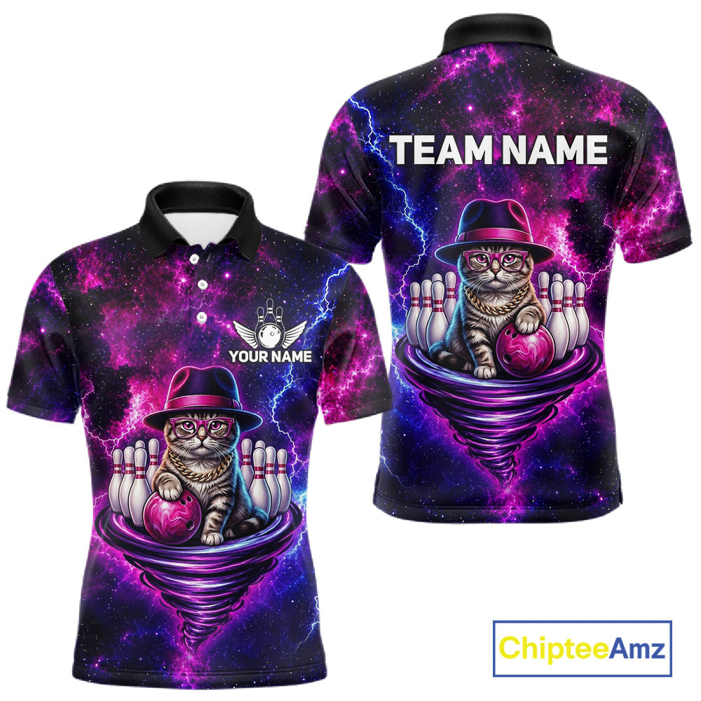Cool Cat Galaxy Tornado Bowling Polo Quarter Zip Shirt For Men Custom Bowling Team Jersey