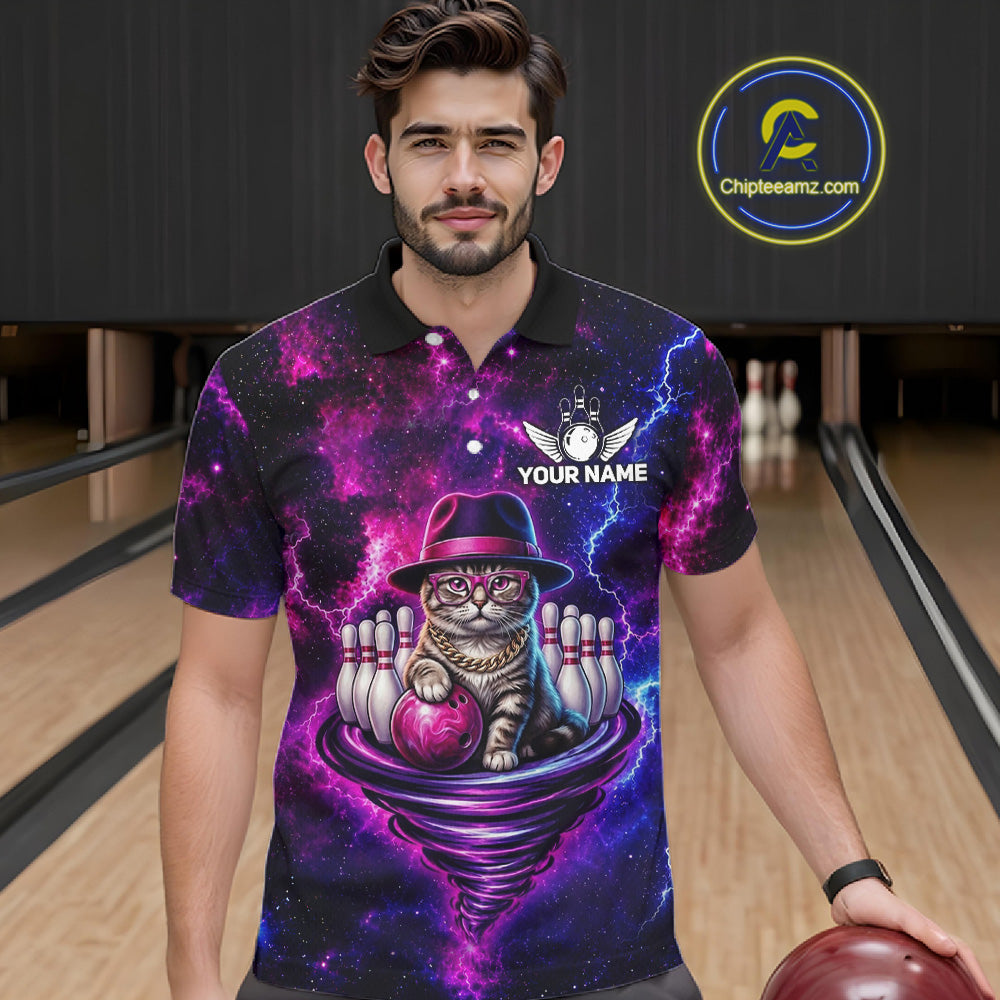 Cool Cat Funny Bowling Polo 1/4-Zip Shirts For Men Custom Galaxy Tornado Bowling Team Jerseys NYN3412